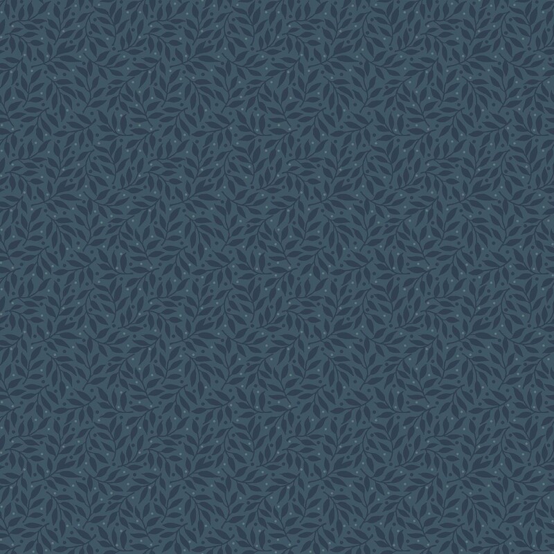 Teal fabric with an all over pattern of navy blue vines and small light blue dots