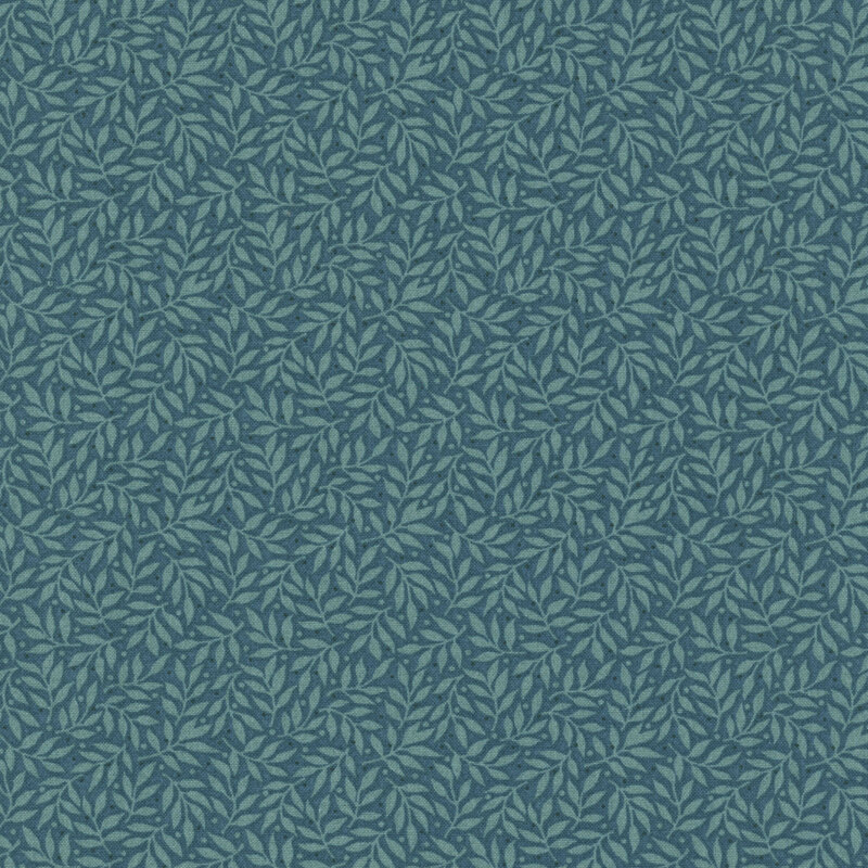 Dark teal fabric with an all over pattern of muted turquoise vines and small indigo dots