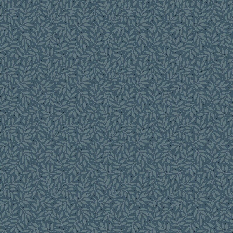 Dark teal fabric with an all over pattern of cadet blue vines and small indigo dots