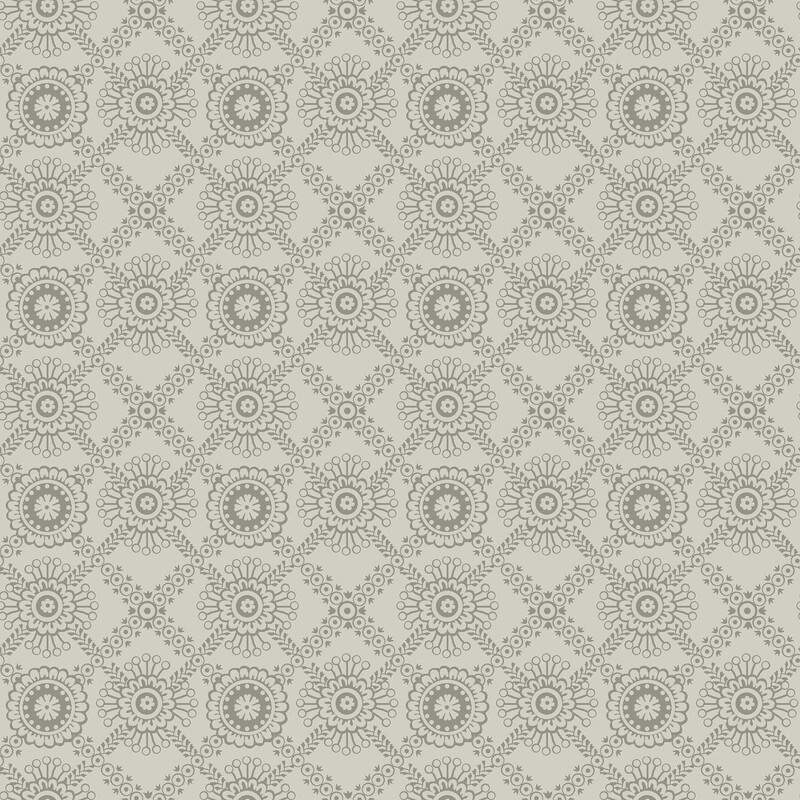 Putty gray fabric with a taupe, primitive lace-inspired design