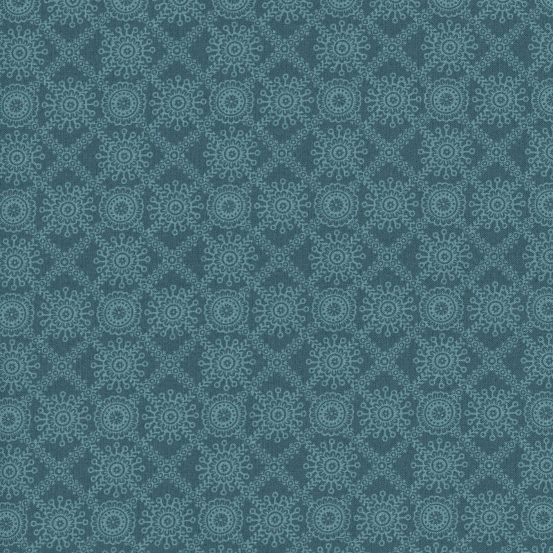Teal fabric with a muted blue, primitive lace-inspired design