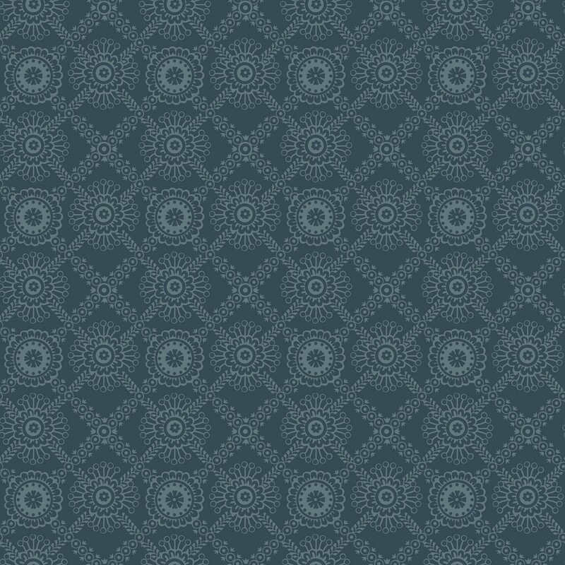 Teal fabric with a muted blue, primitive lace-inspired design