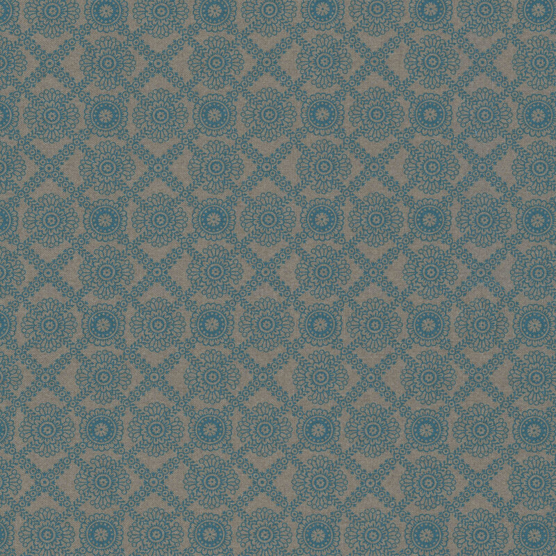 Gray-brown fabric with a teal, primitive lace-inspired design