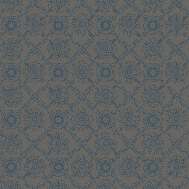 Gray-brown fabric with a teal, primitive lace-inspired design