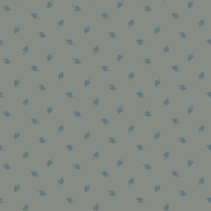 Ash gray fabric with a pattern of ditsy teal leaves
