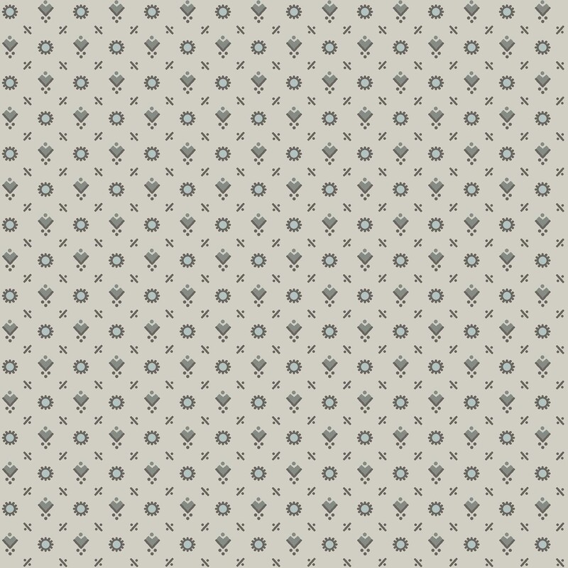 Cement gray fabric with a primitive pattern of dark gray and ice blue circles, diamonds, lines, and dots