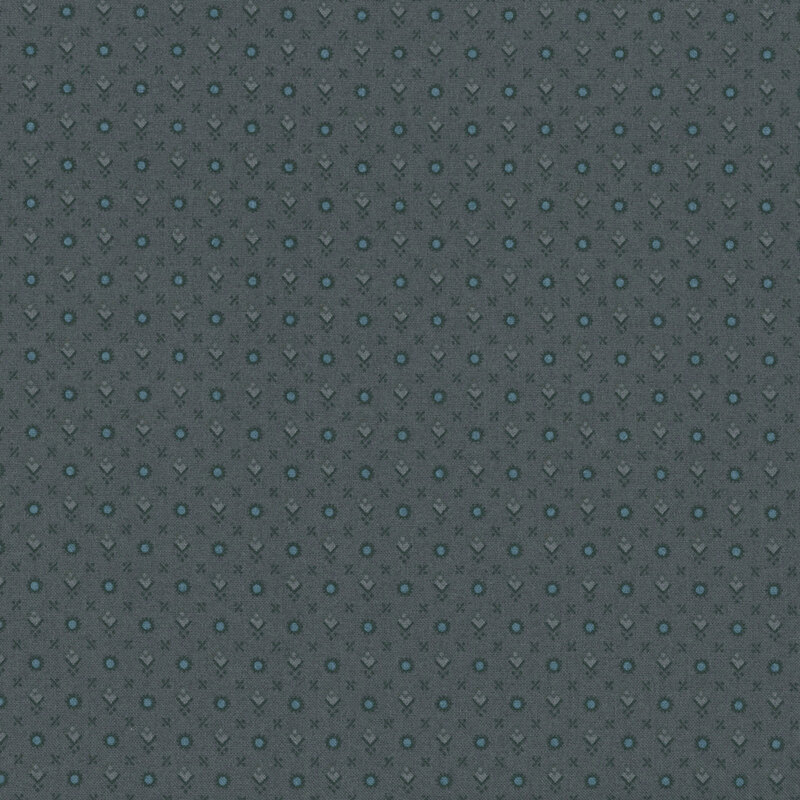 Dark gray fabric with a primitive pattern of navy and teal blue circles, diamonds, lines, and dots