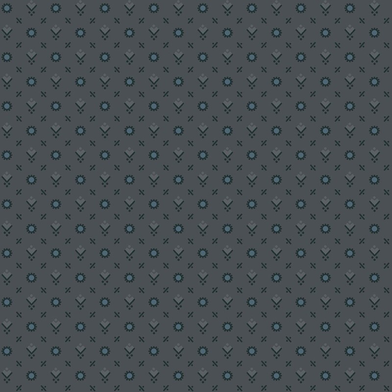 Dark gray fabric with a primitive pattern of navy and teal blue circles, diamonds, lines, and dots