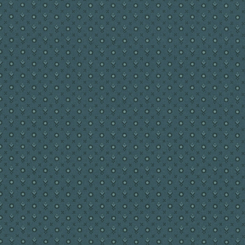 Dark teal fabric with a primitive pattern of dark blue and robin egg blue circles, diamonds, lines, and dots