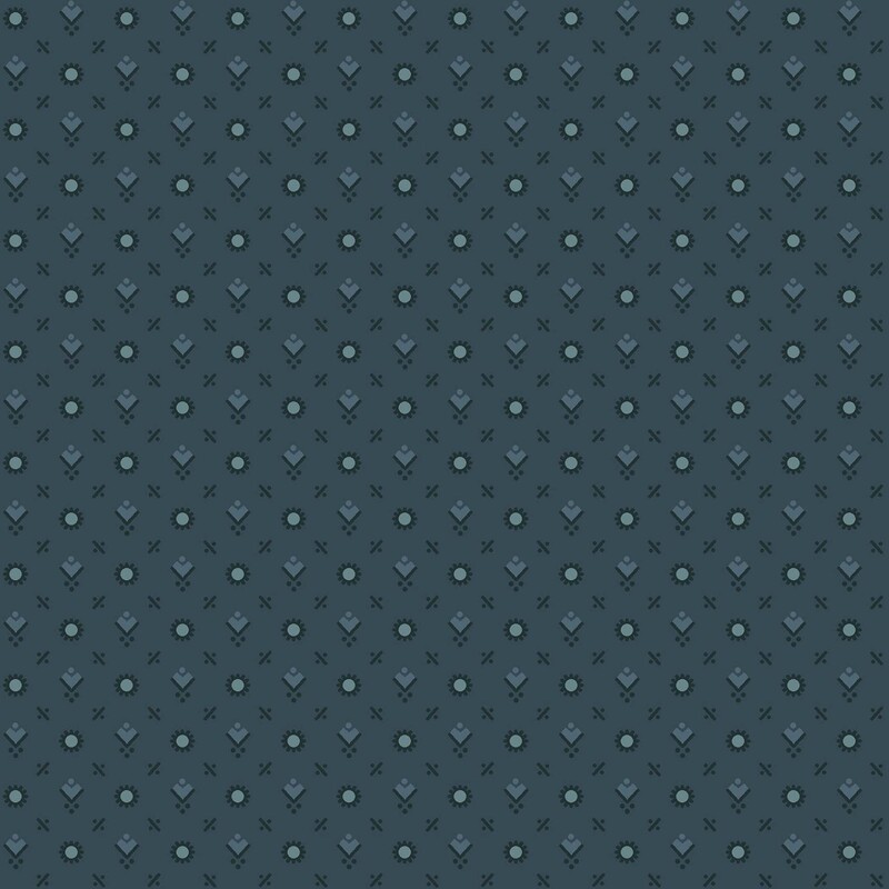 Dark teal fabric with a primitive pattern of dark blue and robin egg blue circles, diamonds, lines, and dots