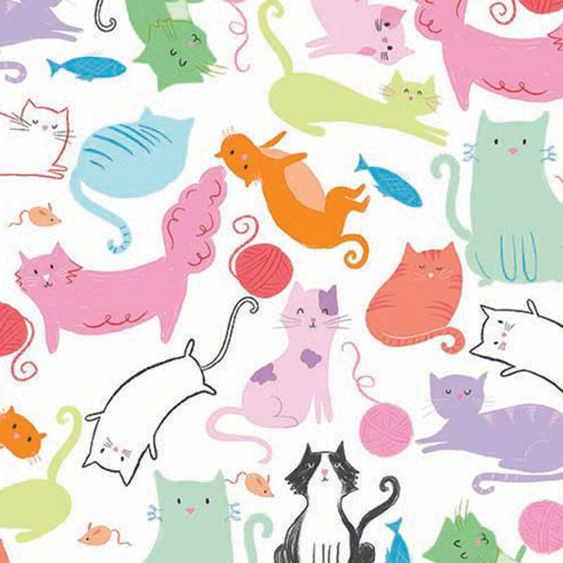 White fabric featuring cats in bright and pastel colors, balls of yarn, fish, and mice.
