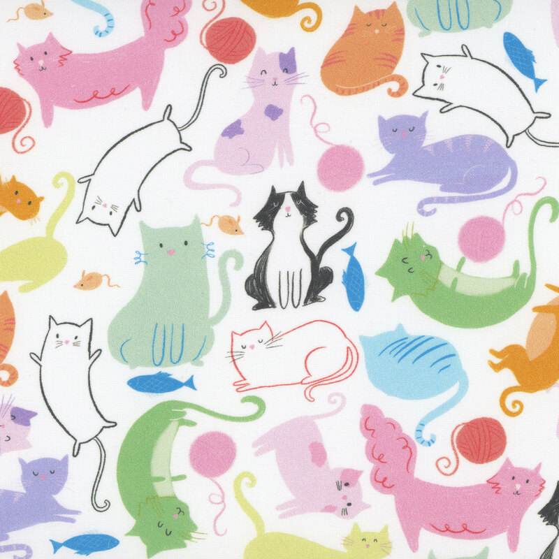 White fabric featuring cats in bright and pastel colors, balls of yarn, fish, and mice.