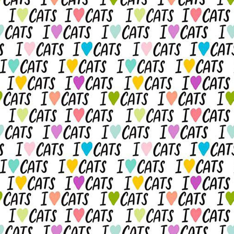 White fabric featuring the words "I love cats" repeated with hearts instead of the word 'love.'