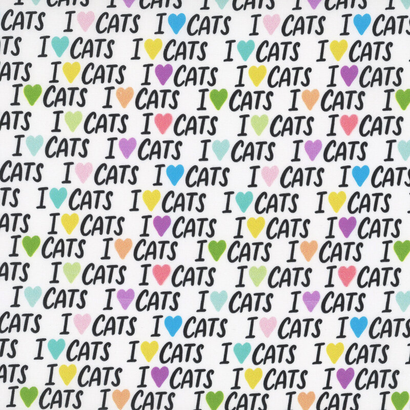 White fabric featuring the words "I love cats" repeated with hearts instead of the word 'love.'