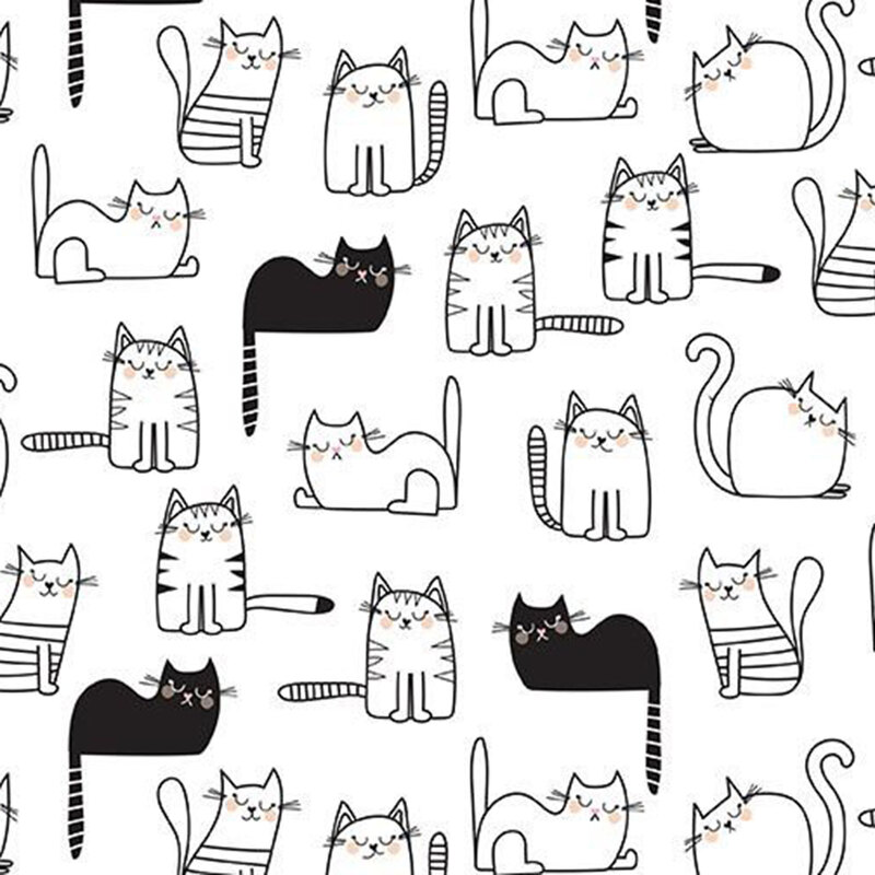 White fabric featuring adorable, stylized cats in black and white outlines.