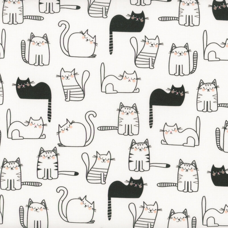 White fabric featuring adorable, stylized cats in black and white outlines.