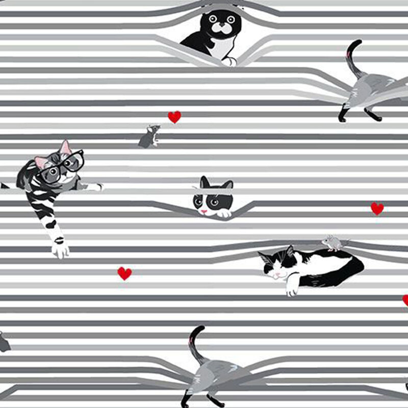 White fabric featuring playful cats getting caught within window blinds and scattered red hearts.