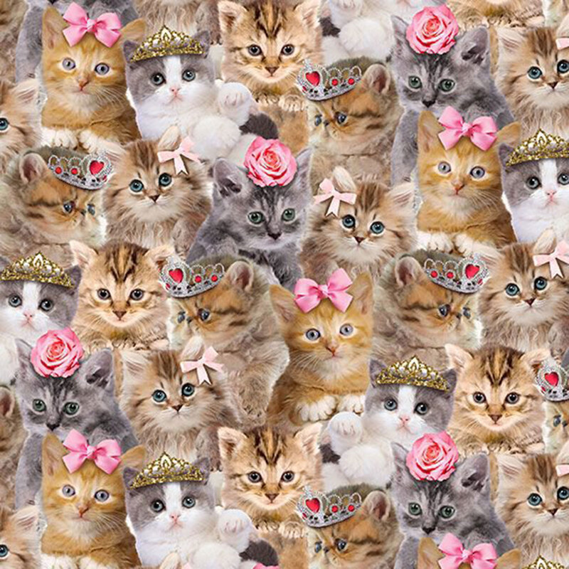 Fabric featuring a collage of photo-style kittens with tiaras and pink ribbons.