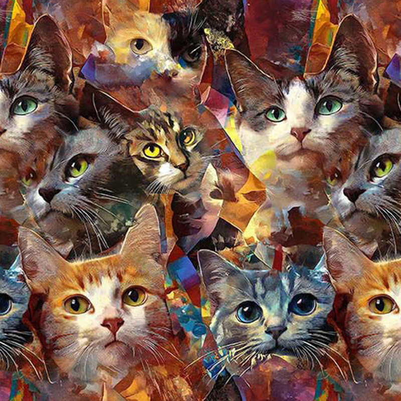 Multicolored fabric featuring mosiac-style overlapping cats.