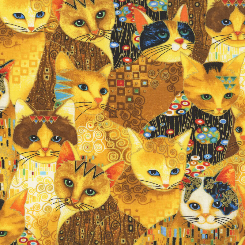 Majestic gold felines decorated in geometric patterns with gold metallic accents.