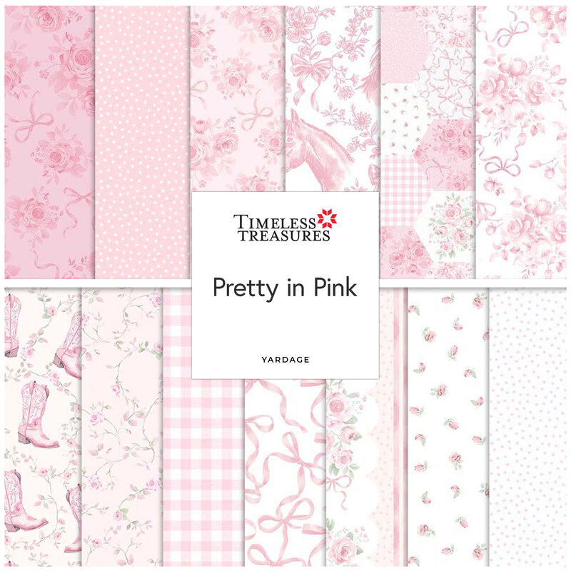 Collage of fabrics in the collection featuring bows, florals, and equestrian motifs in white and pink