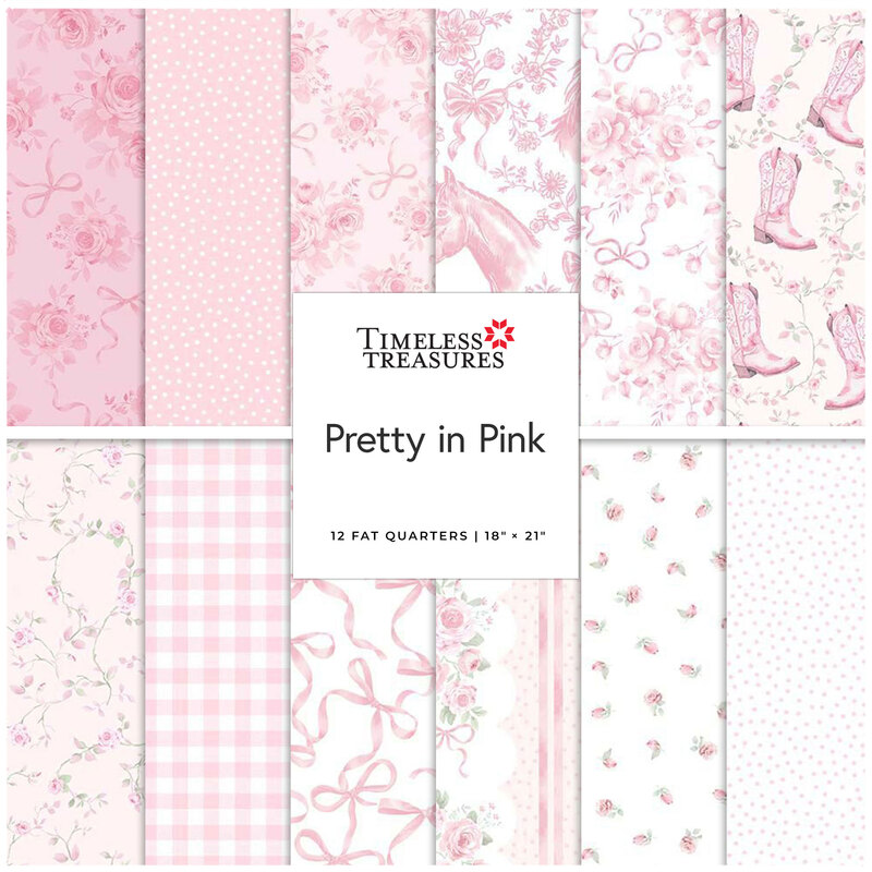 Collage of fabrics in the collection featuring bows, florals, and equestrian motifs in white and pink