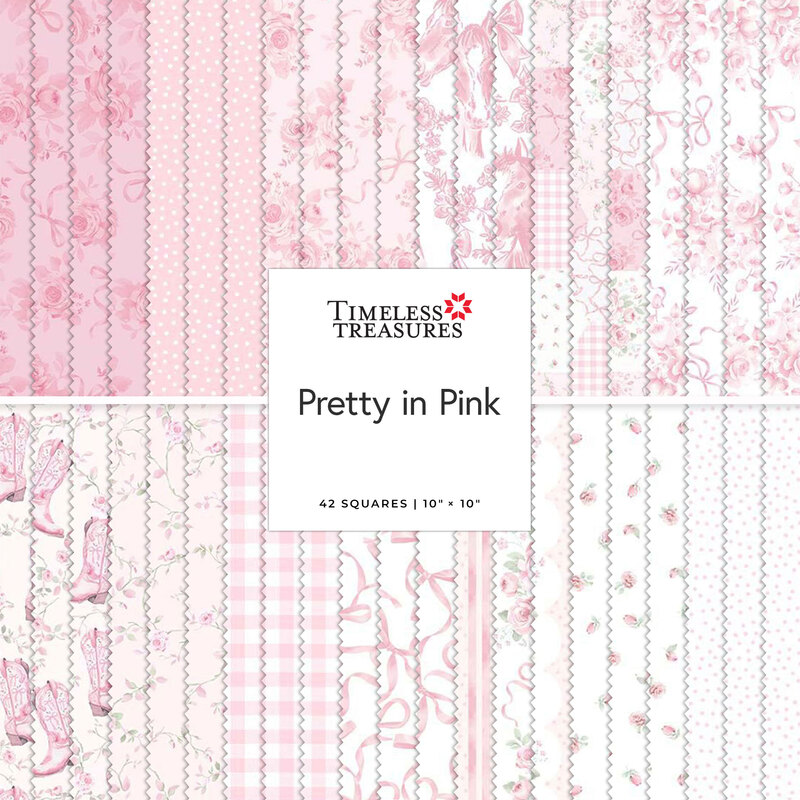 Collage of fabrics in the collection featuring bows, florals, and equestrian motifs in white and pink