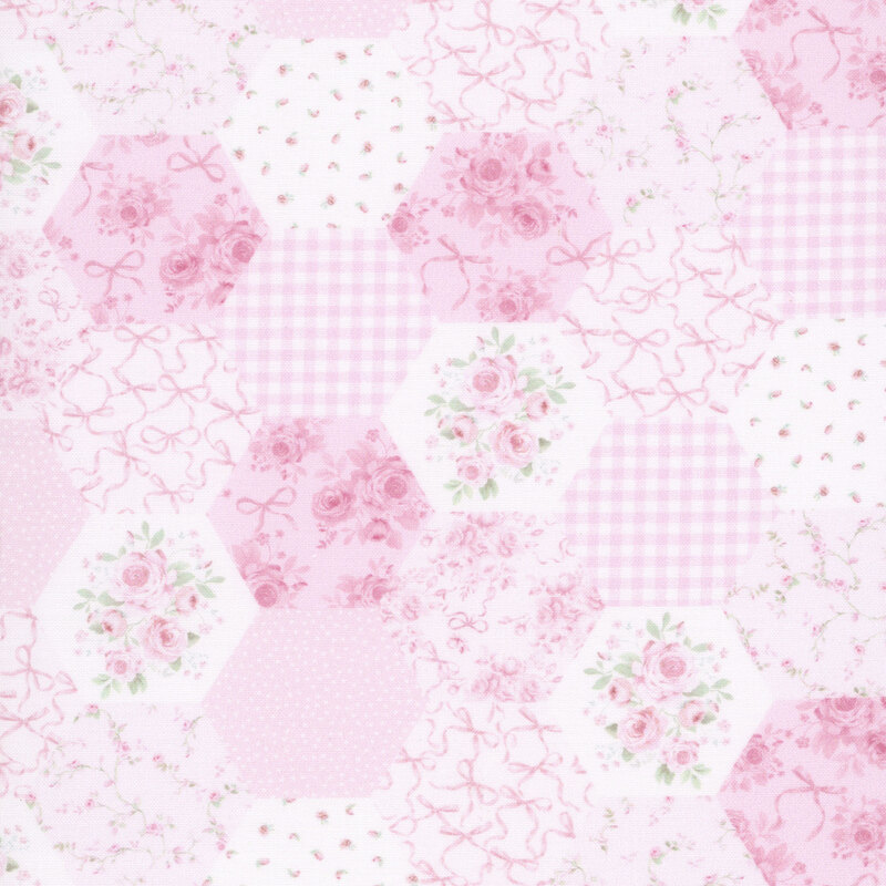 Hexagonal patchwork fabric in pastel pink, featuring rose, bow, and gingham patterns