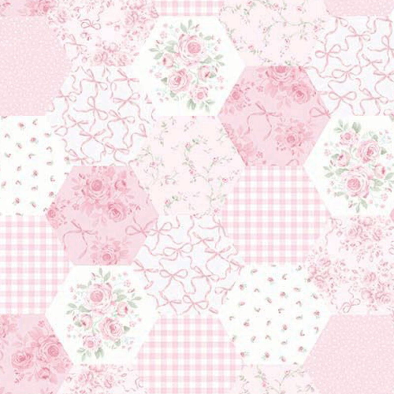 Hexagonal patchwork fabric in pastel pink, featuring rose, bow, and gingham patterns