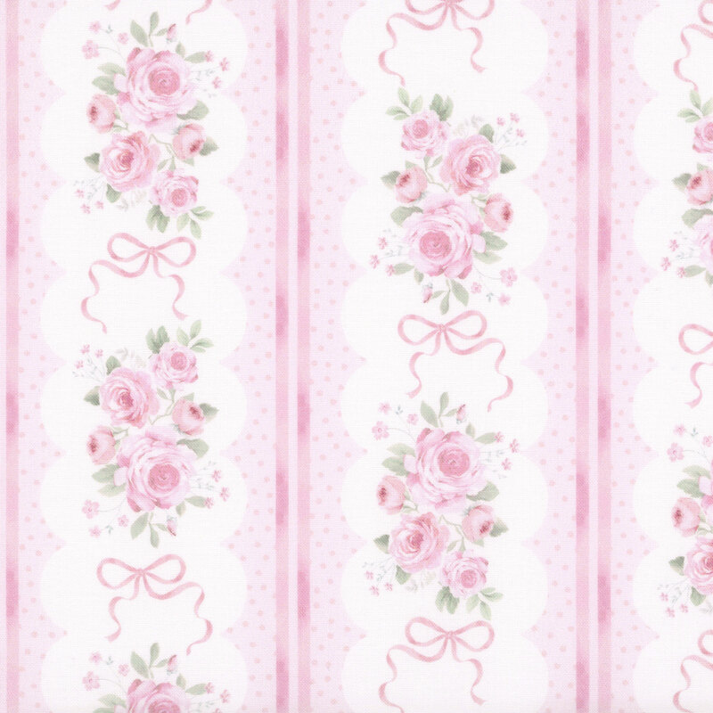 Striped fabric with pink ribbons and bows, frilly white scallops, and pink roses.