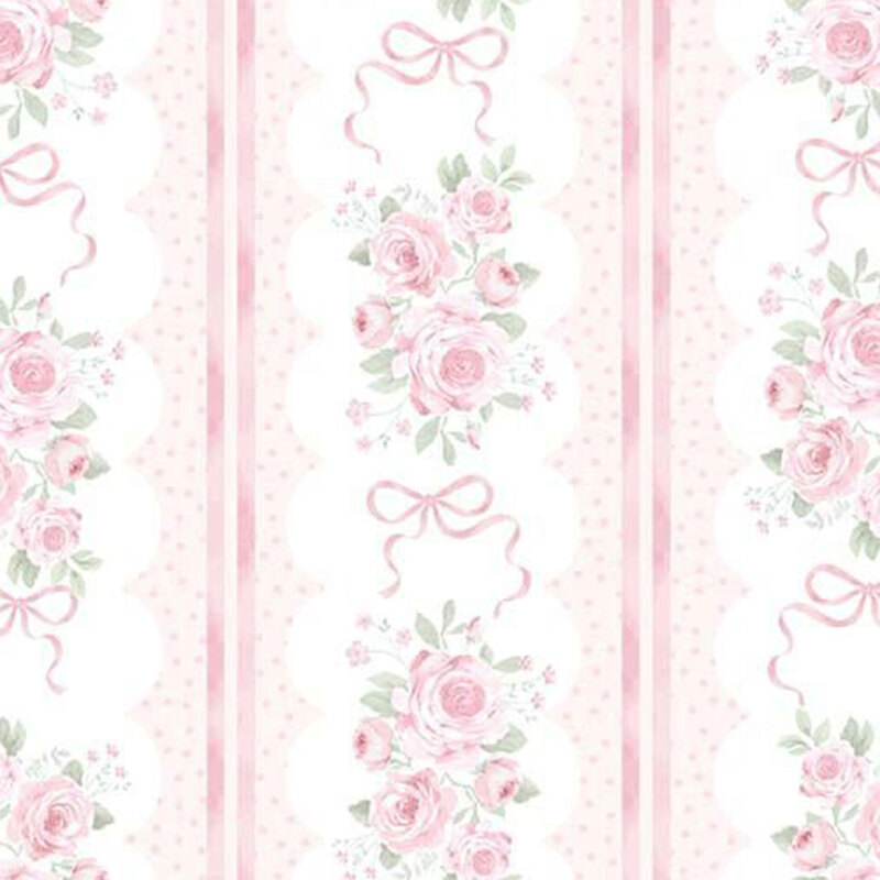 Striped fabric with pink ribbons and bows, frilly white scallops, and pink roses.