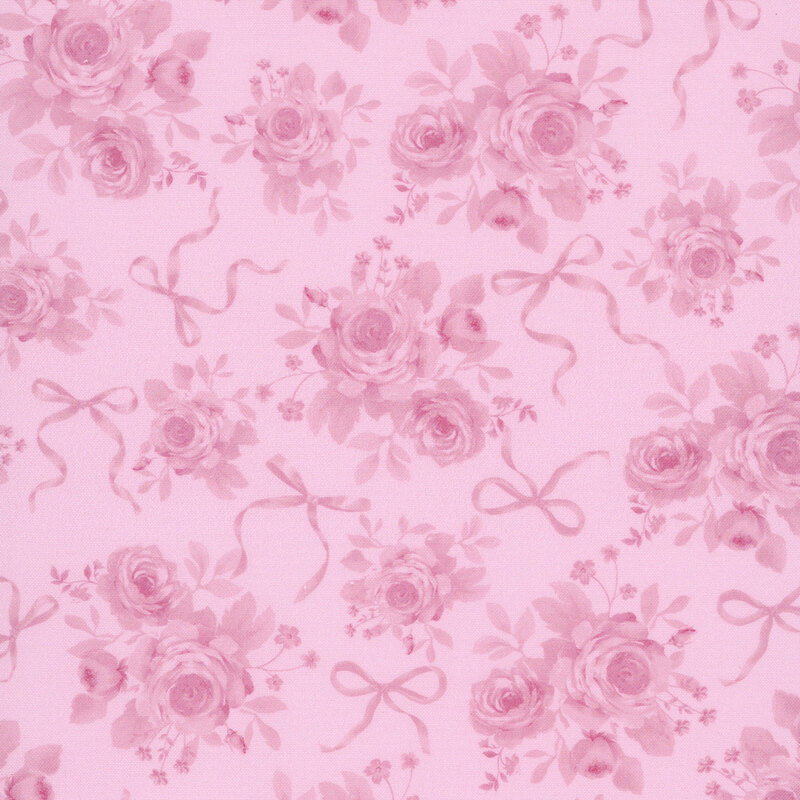 Ballerina pink fabric with a tonal, tossed pattern of pink bows and pretty rose bouquets. 