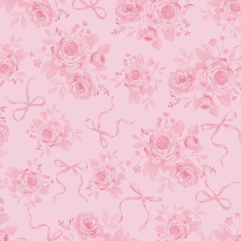 Ballerina pink fabric with a tonal, tossed pattern of pink bows and pretty rose bouquets. 