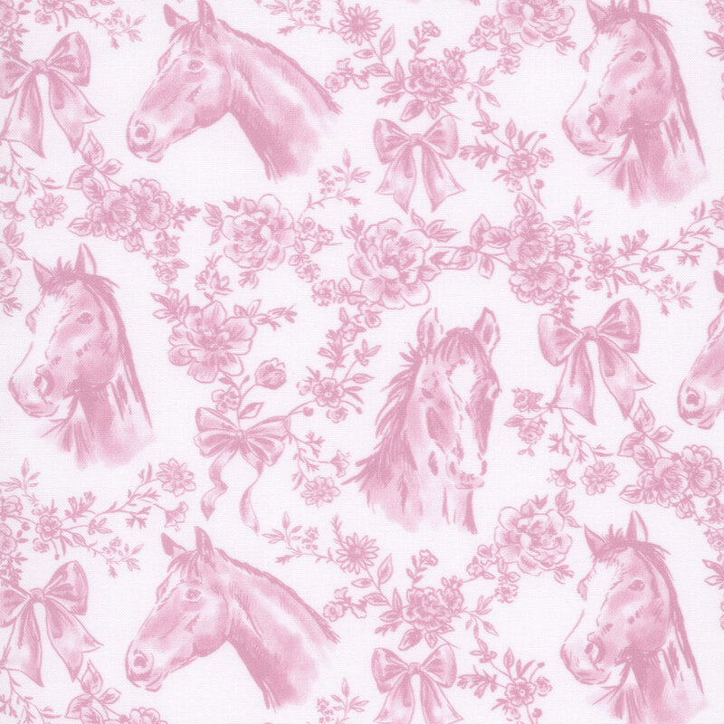 White fabric with pink illustrations of horses, floral vines, and bows