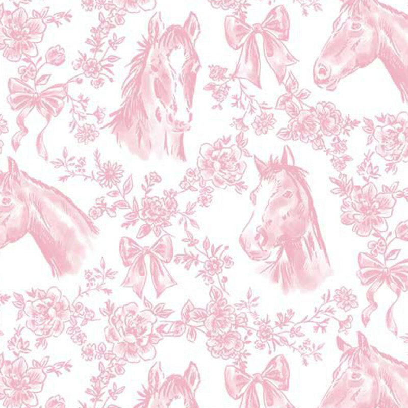 White fabric with pink illustrations of horses, floral vines, and bows