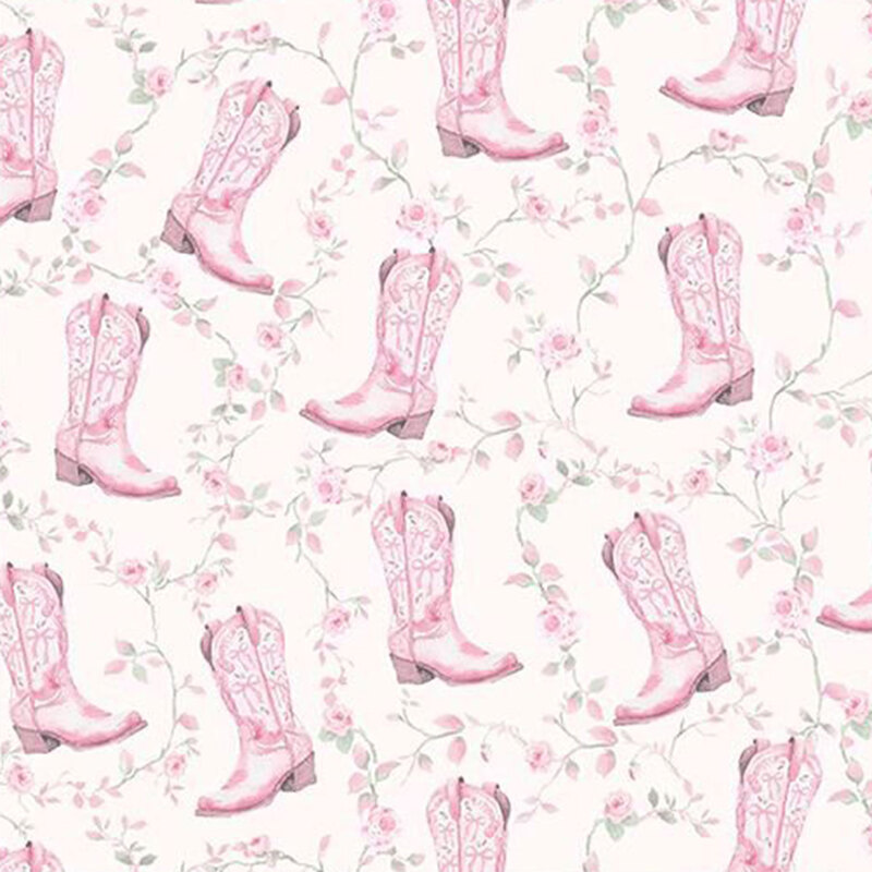 Cream fabric with a pattern of pink cowgirl boots surrounded by green vines with pink roses