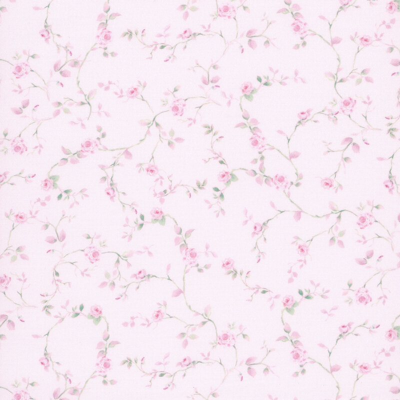 Light blush pink fabric with a delicate pattern of light green vines and pink roses