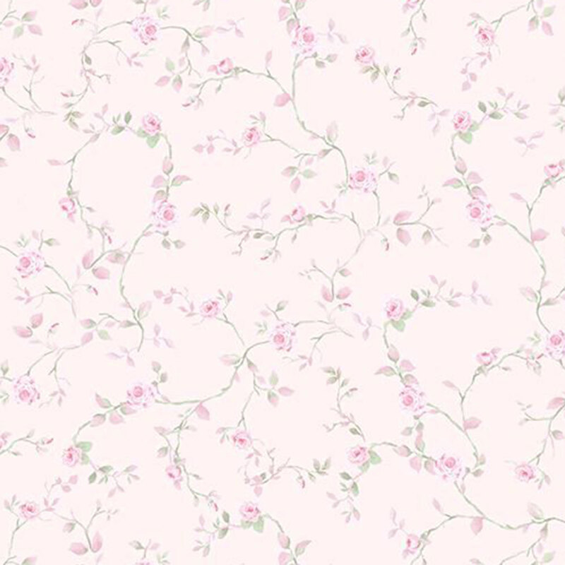 Light blush pink fabric with a delicate pattern of light green vines and pink roses