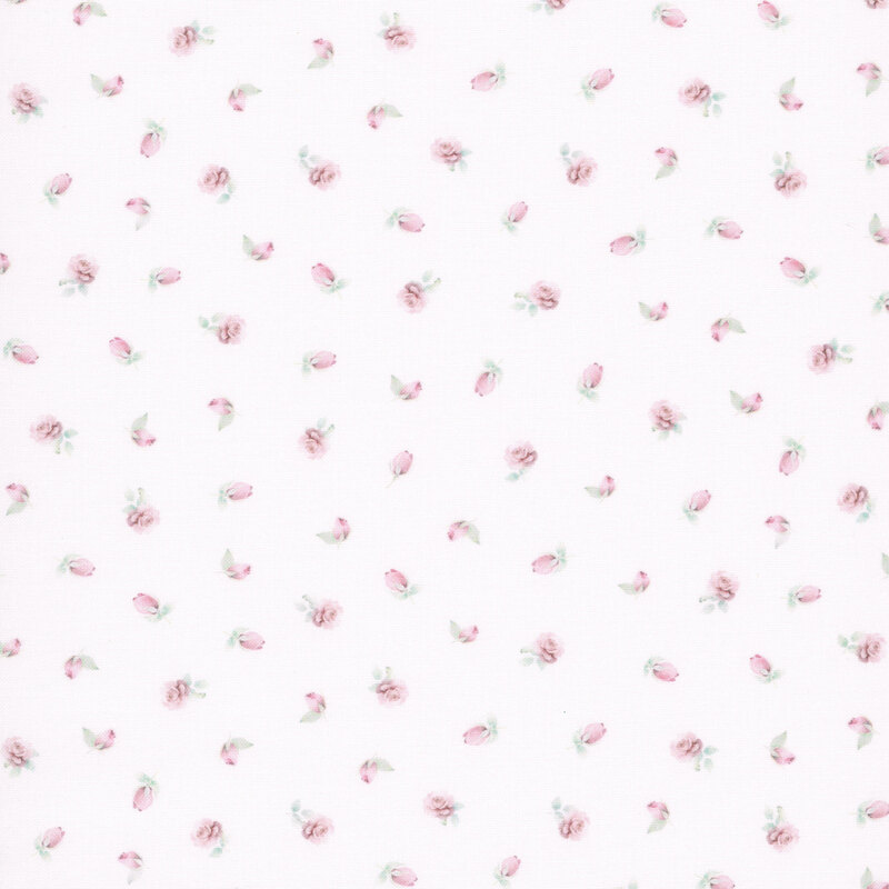 White fabric with a ditsy pattern of pink rosebuds