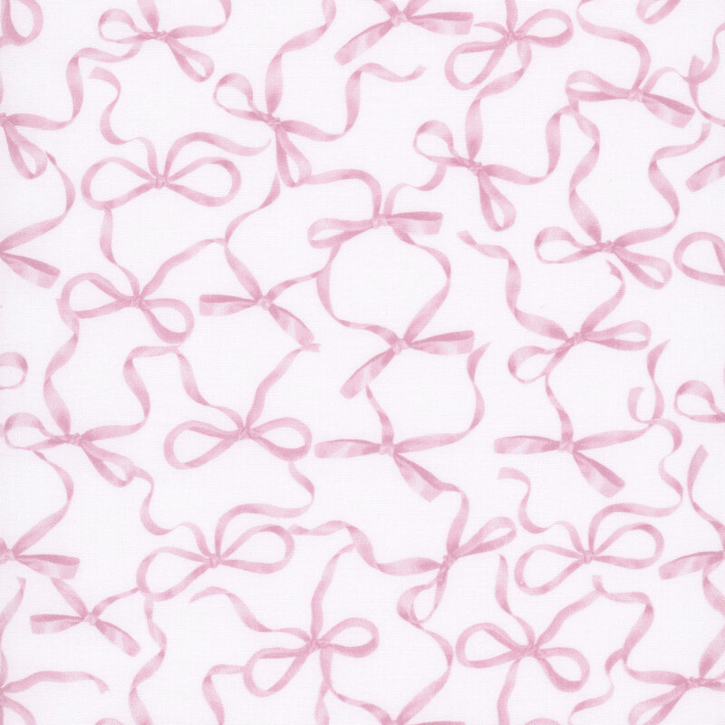 White fabric covered with a pattern of shiny pink ribbon and bows