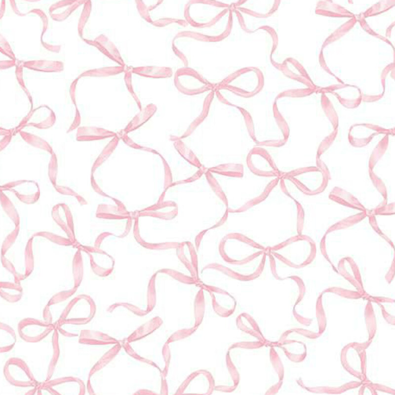 White fabric covered with a pattern of shiny pink ribbon and bows