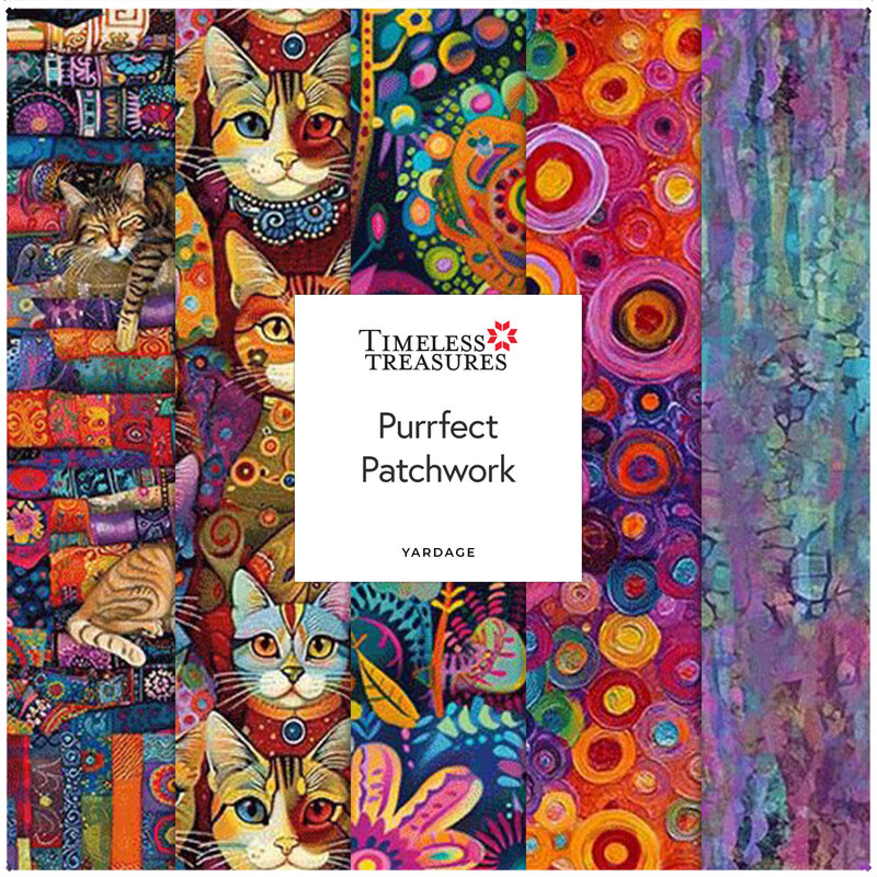 A collage of fabrics included in the Purrfect Patchwork collection featuring bright, modern designs and cats.