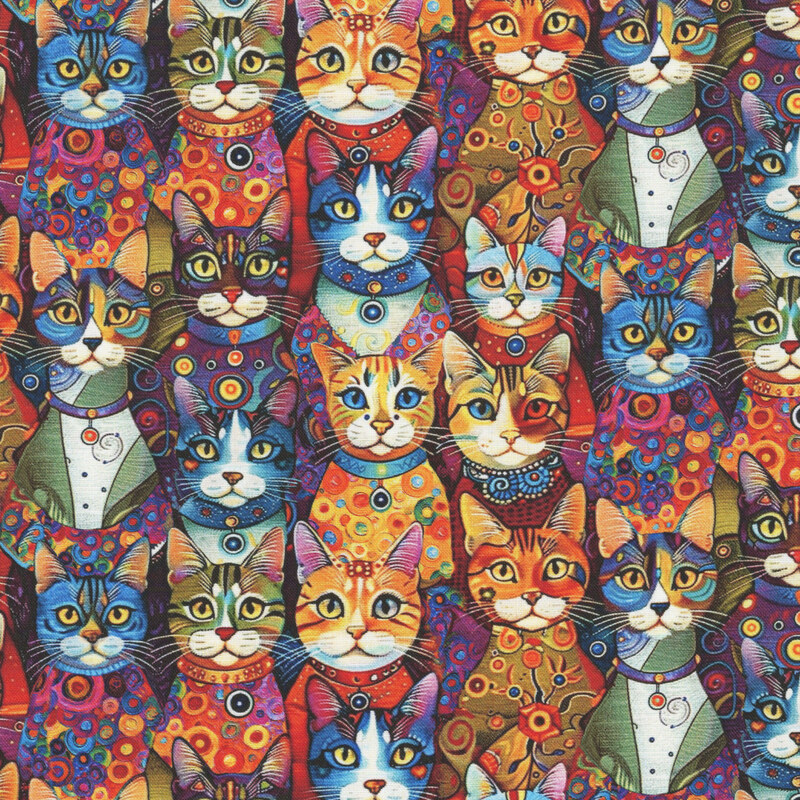 Multicolored, ornamental patchwork cats in offset rows.