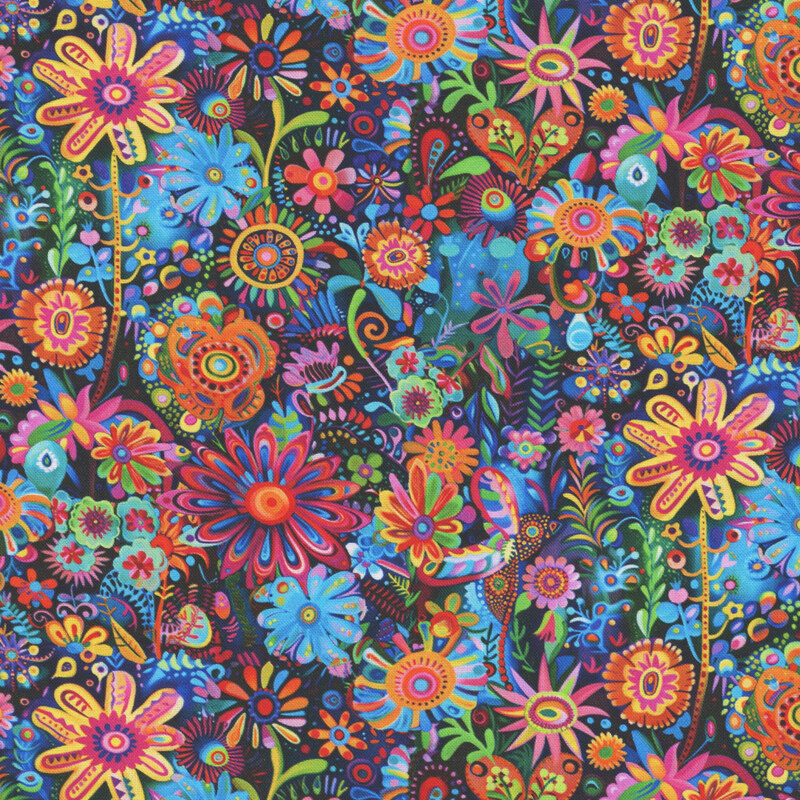 Brightly colored florals and leaves on a dark background.