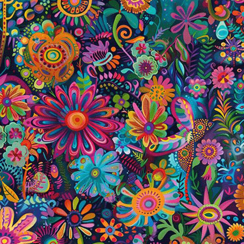 Brightly colored florals and leaves on a dark background.
