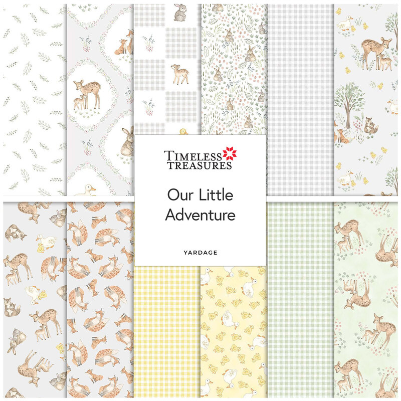 A collage of fabric patterns featuring woodland animals, florals, and checks, titled Our Little Adventure.