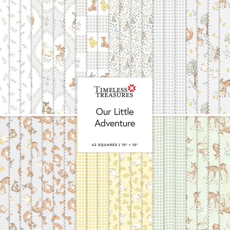 A collection of 42 fabric squares in pastel colors, featuring nature-themed patterns and illustrations.