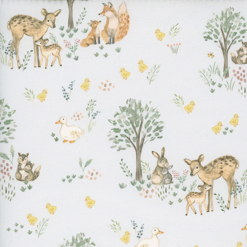 Gray fabric with a scenic pattern of forest animal families.