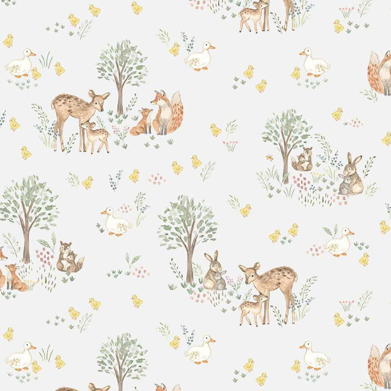Gray fabric with a scenic pattern of forest animal families.