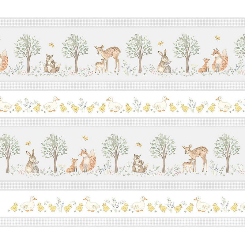 Gray border print fabric with stripes with forest animal families, gingham patterns, and outdoor scenes.